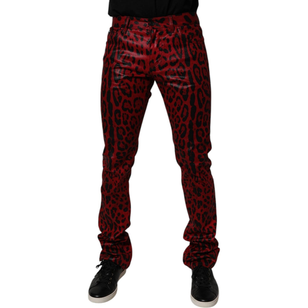 Dolce & Gabbana Red Leopard Cotton Slim Fit Denim Jeans