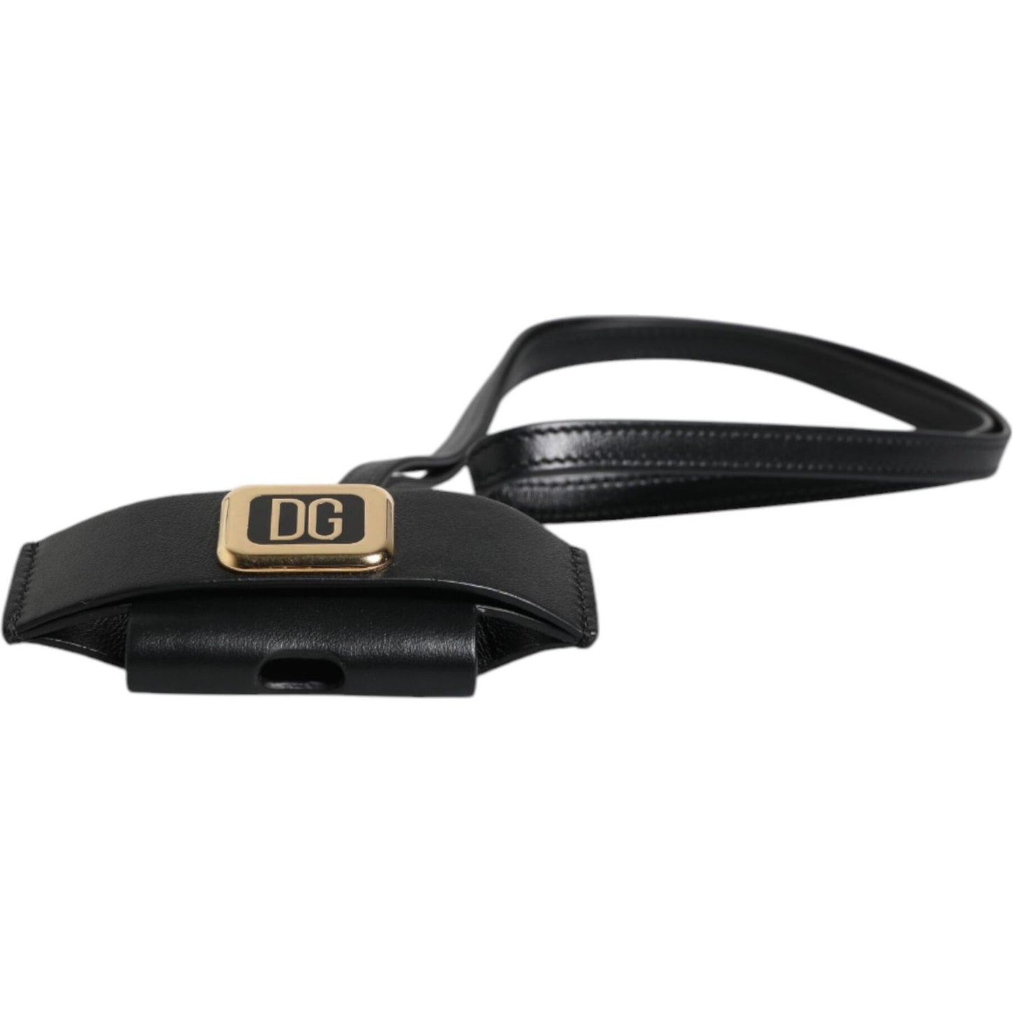 Dolce & Gabbana Black Leather Strap Gold Metal Logo Plaque Airpods Case
