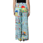 Dolce & Gabbana Light Blue Drawing Mid Waist Wide Leg Pants