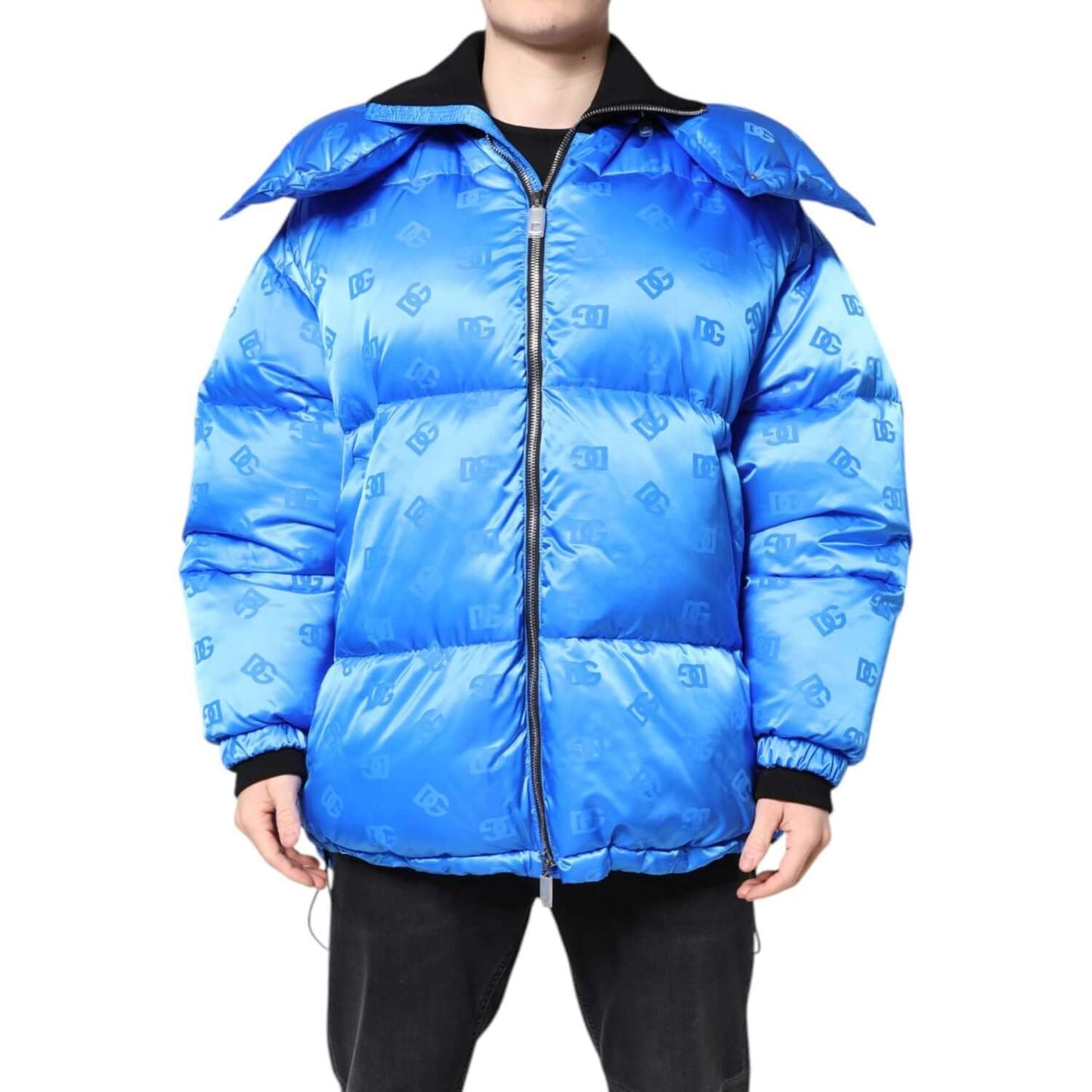 Dolce & Gabbana Blue Logo Full Zip Hooded Quilted Jacket