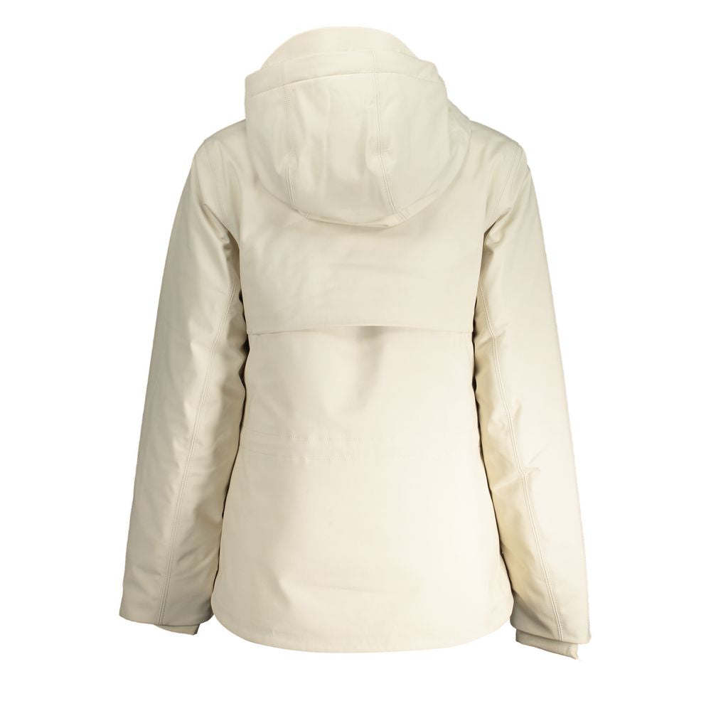K-WAY Beige Polyester Jackets & Coat, long-sleeved jacket with hood, bonded padded, zip snap, logo, back view