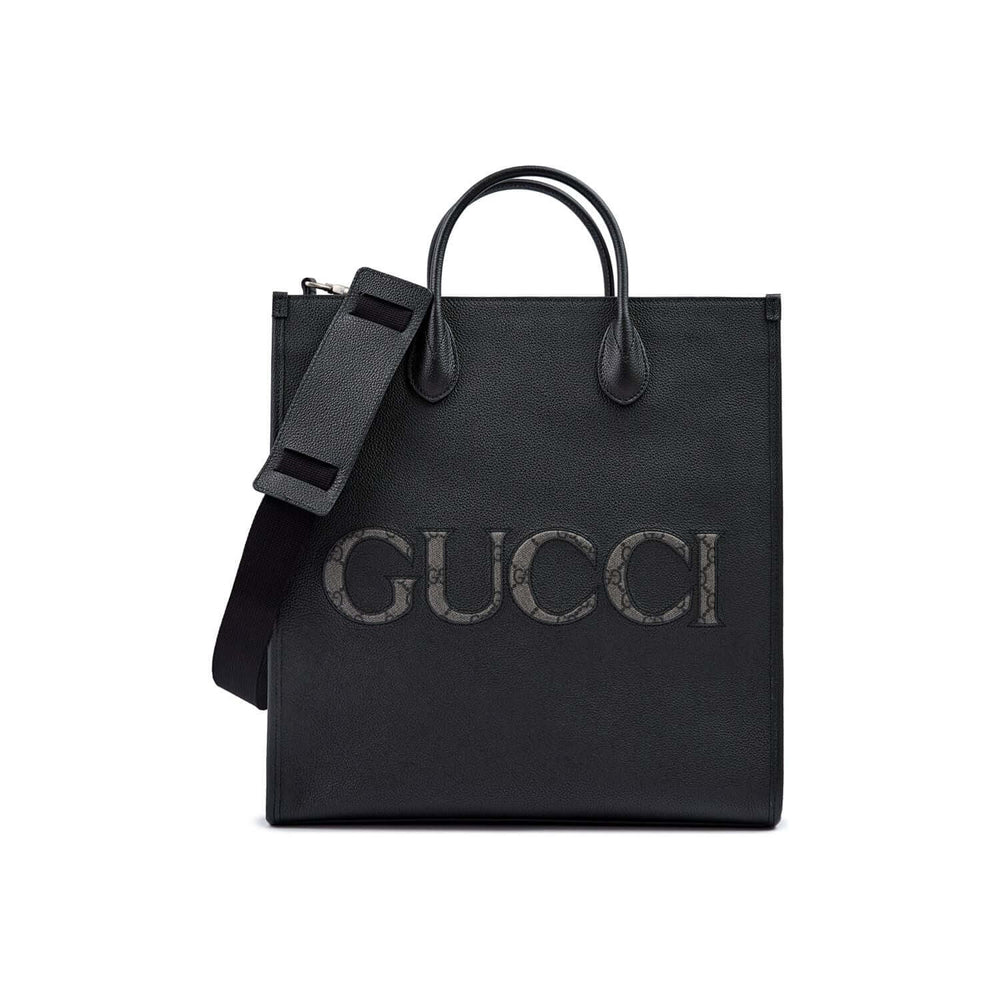 Gucci Black Leather Logo Medium Tote Bag