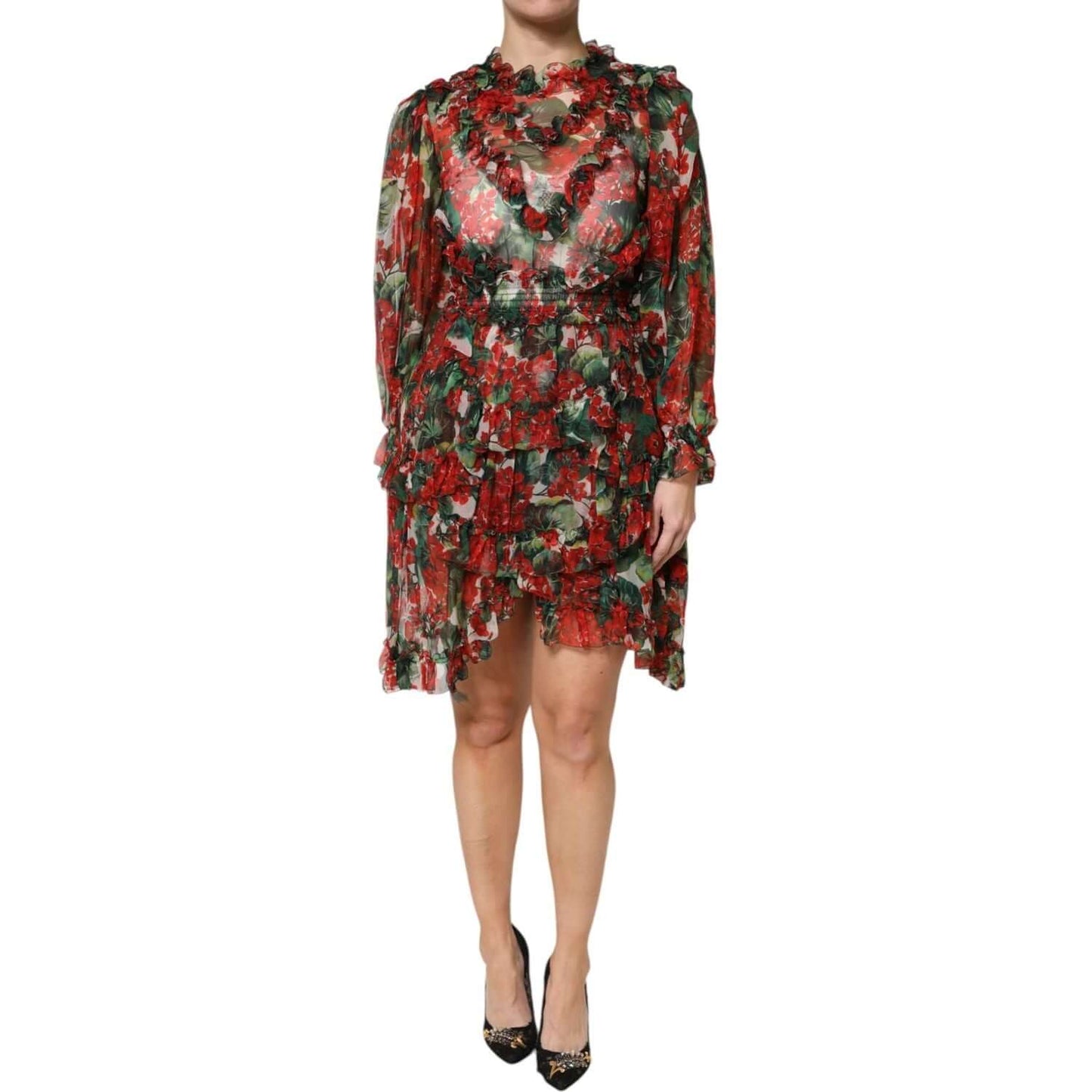 Dolce & Gabbana Multicolor Ruffle Floral Long Sleeves Dress