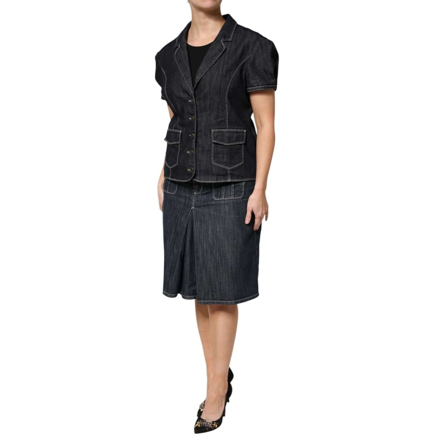 Escada Black Cotton Blend Denim Top Skirt Casual Set