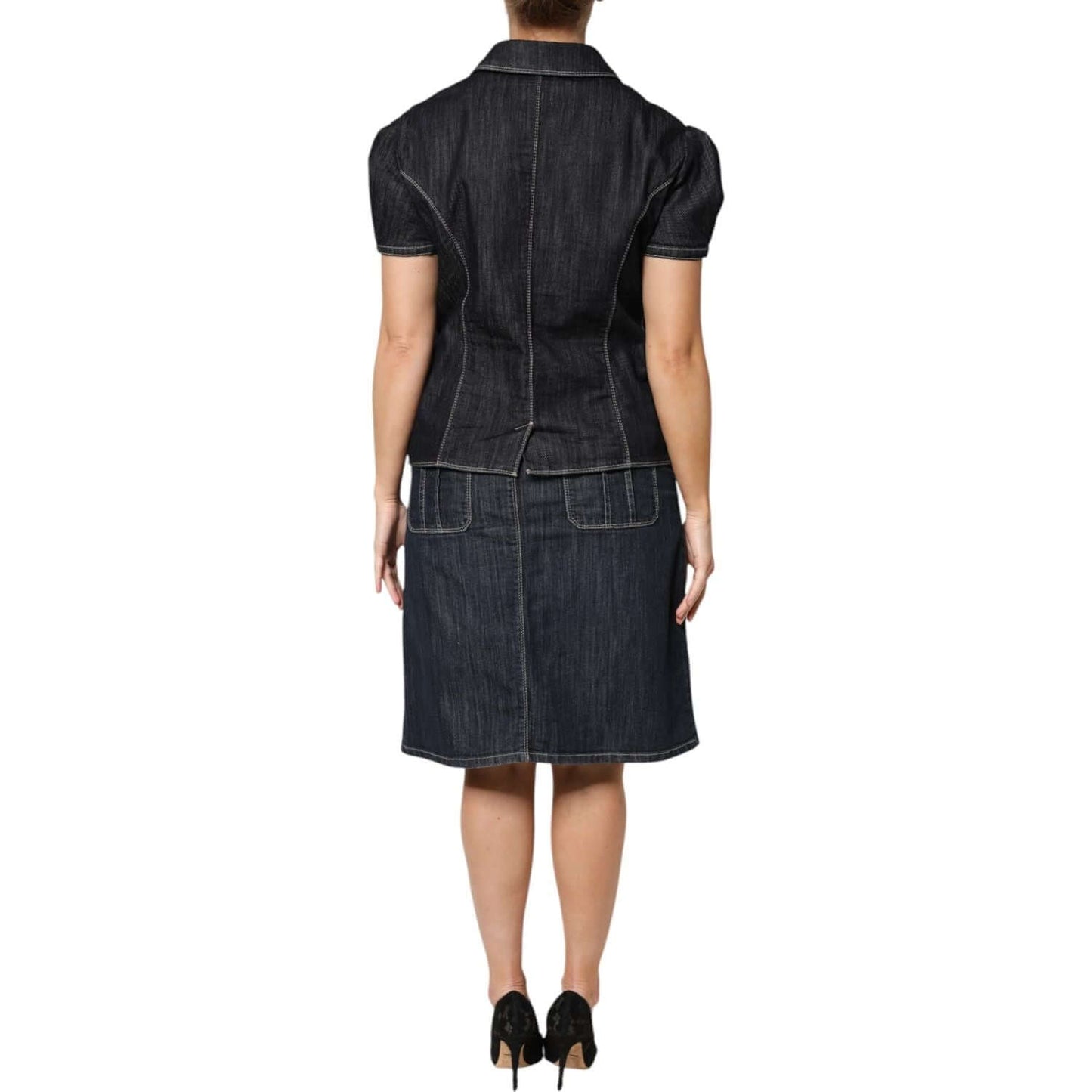 Escada Black Cotton Blend Denim Top Skirt Casual Set