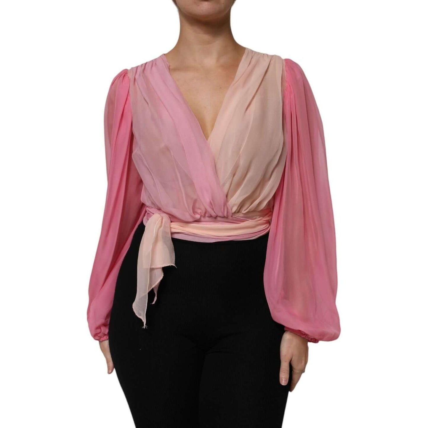 Dolce & Gabbana Pink Plunging V-neck Long Sleeves Blouse Top