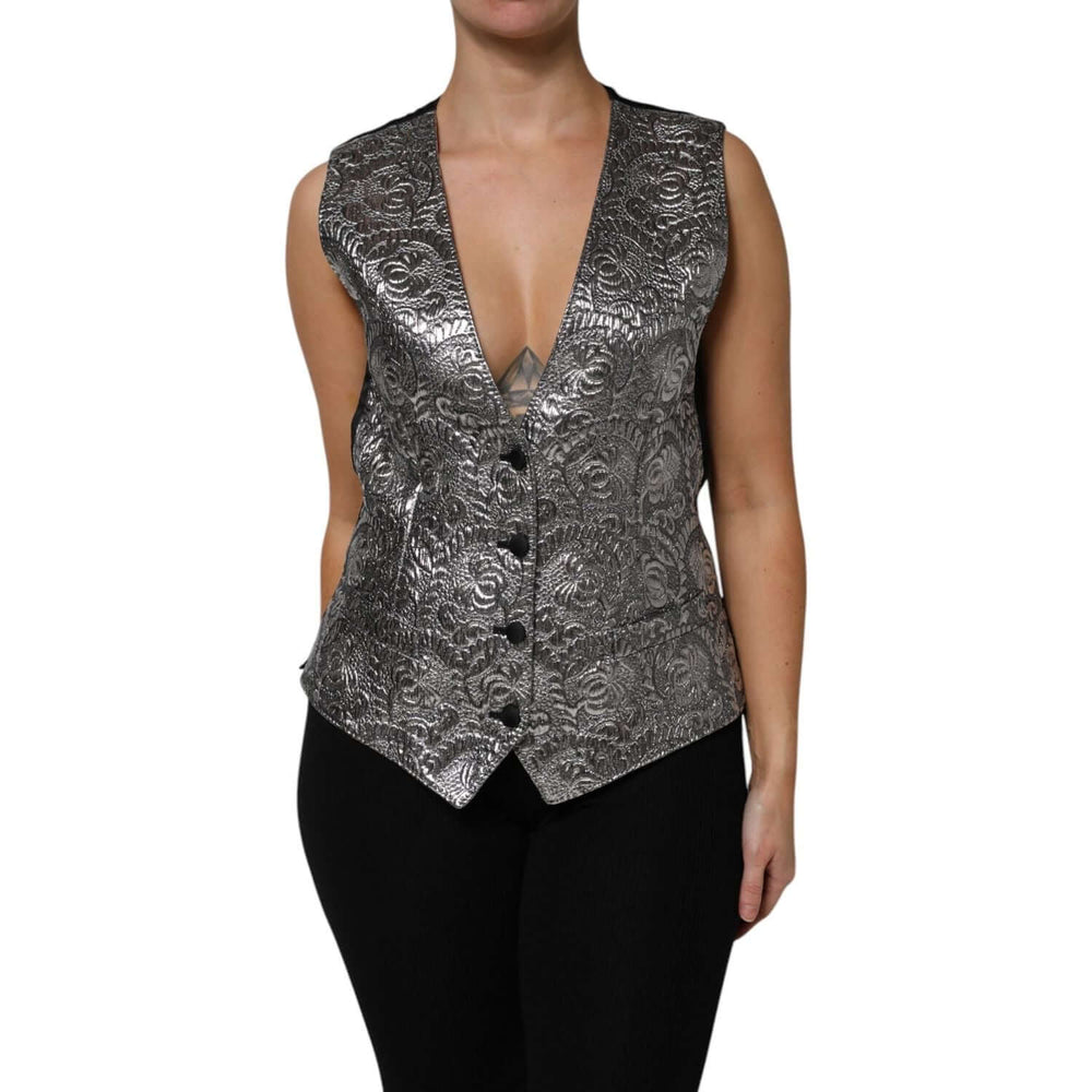 Dolce & Gabbana Silver Floral Jacquard Sleeveless Vest Top TSH87629-40