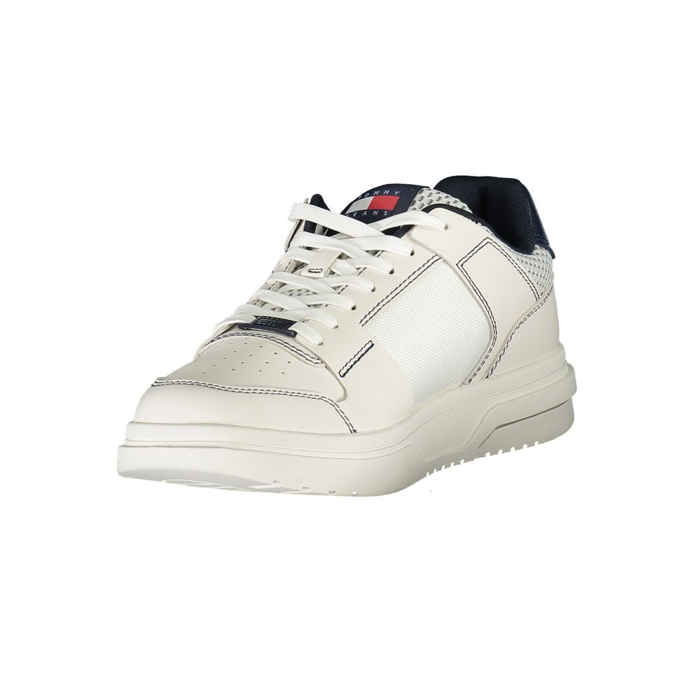 Tommy Hilfiger Blue Leather Men Sneaker with contrast stitching and bold embroidery, showcasing style and comfort for on-the-go lifestyles.
