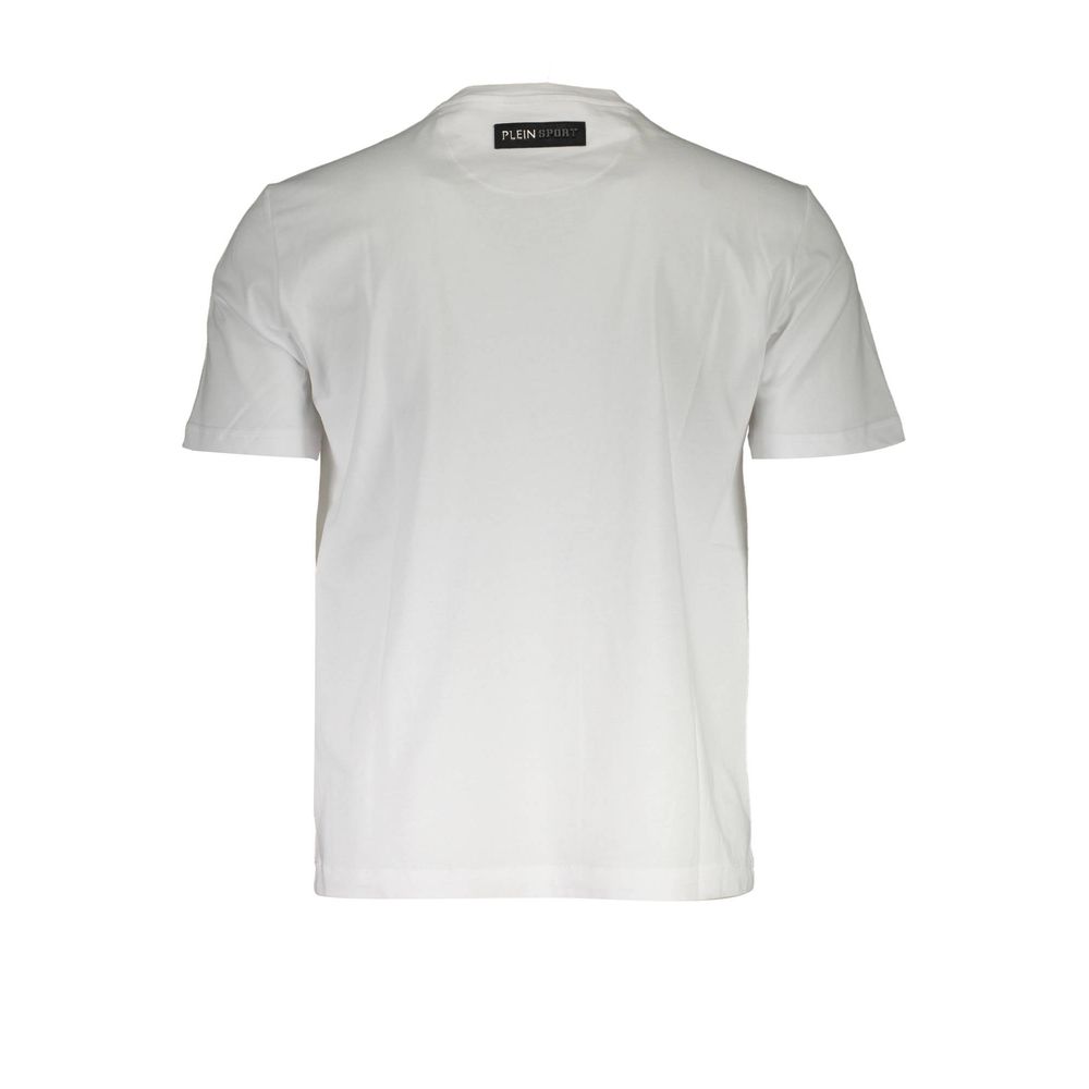 Plein Sport White Cotton Men T-Shirt with bold logo, short-sleeve design, and crew-neck style, perfect for trendsetters and comfort seekers.