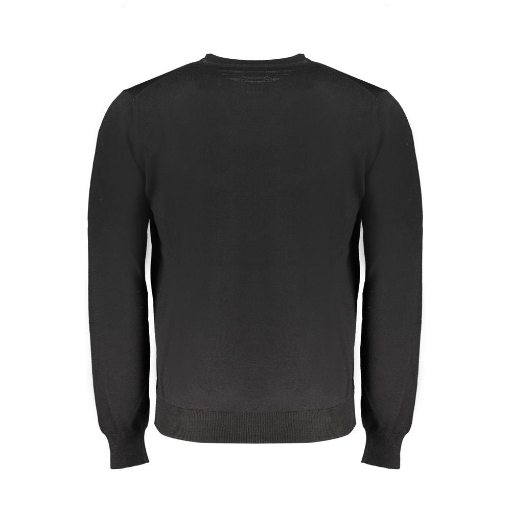 Harmont & Blaine Black Wool Sweater, long-sleeved crew neck with embroidery logo, back view of a stylish jersey shirt.