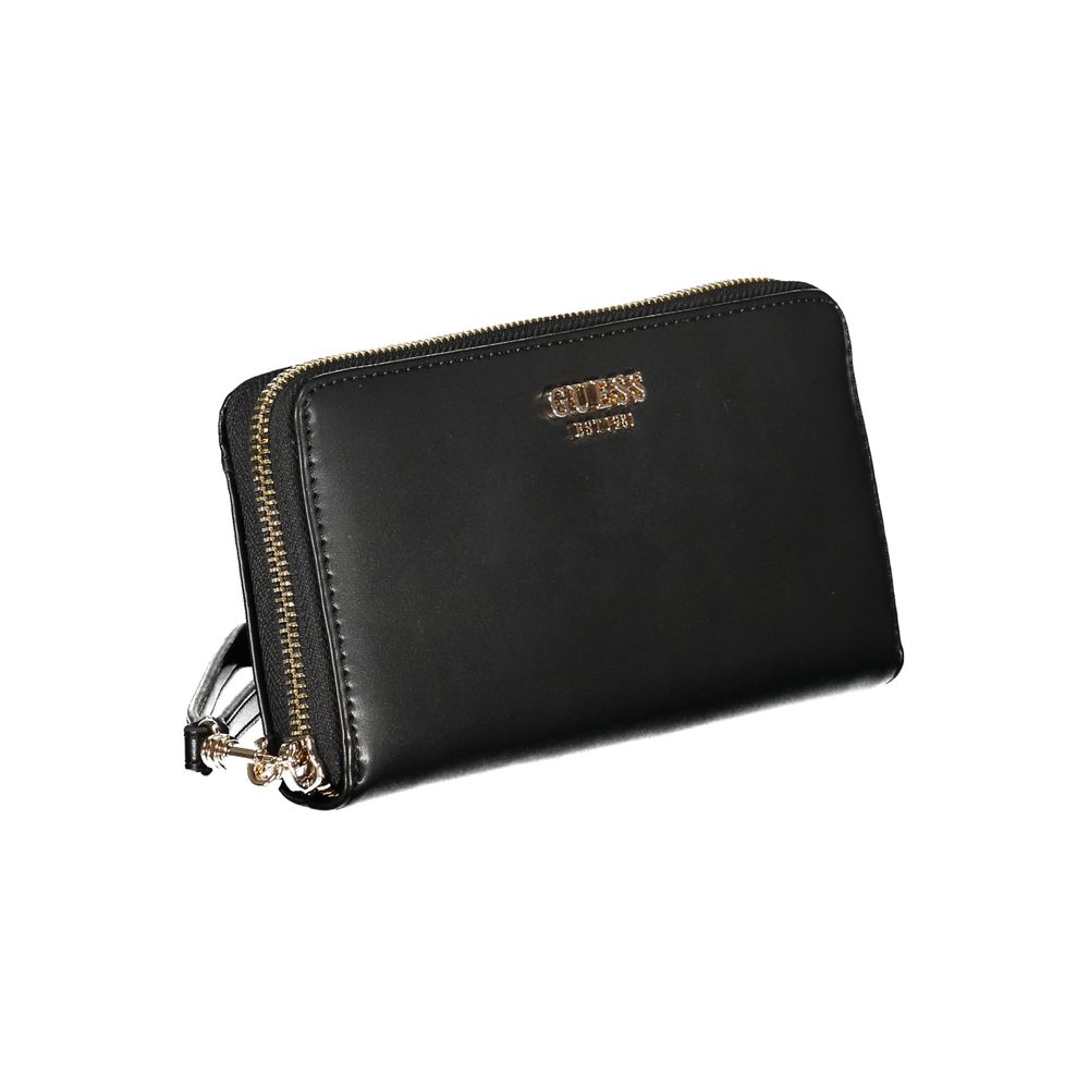 Guess Jeans Black Polyethylene Wallet with zip closure showcasing front logo, 4 compartments, coin purse, card spaces, and external pocket.