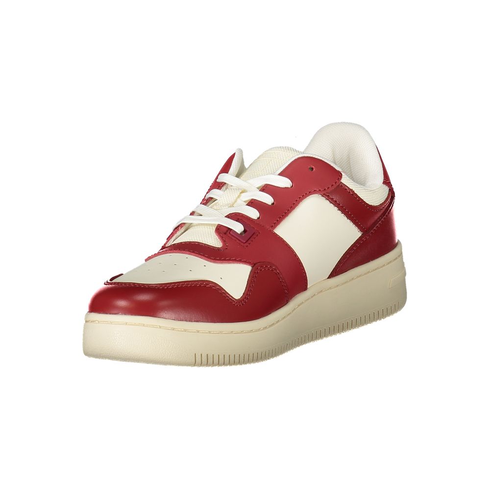 Tommy Hilfiger Red Leather Women Sneaker with bold red and white design, featuring removable footbed for comfort and style.