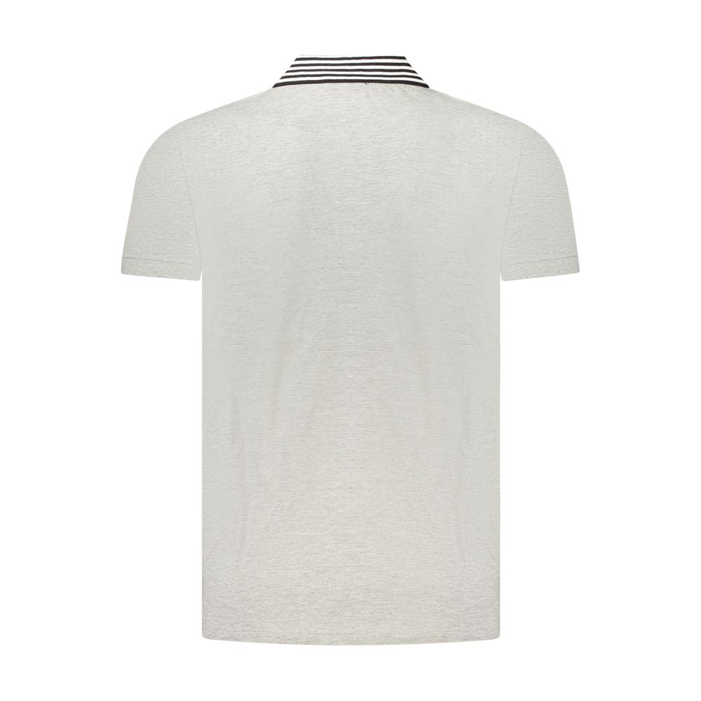 Back view of Cavalli Class Gray Cotton Polo Shirt with short sleeves, contrasting collar, and subtle logo print.