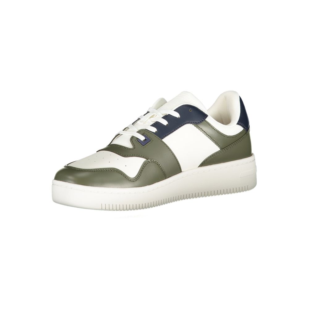 Tommy Hilfiger Green Leather Men Sneaker with blue and white accents, featuring a durable polyester, leather, and polyethylene blend.