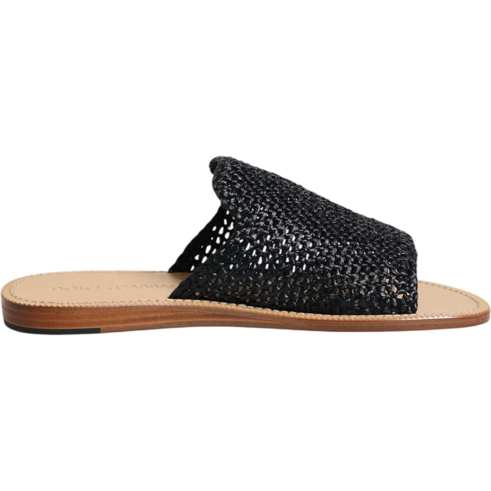 Dolce & Gabbana Black Monochrome Braided Raffia Slides Shoes