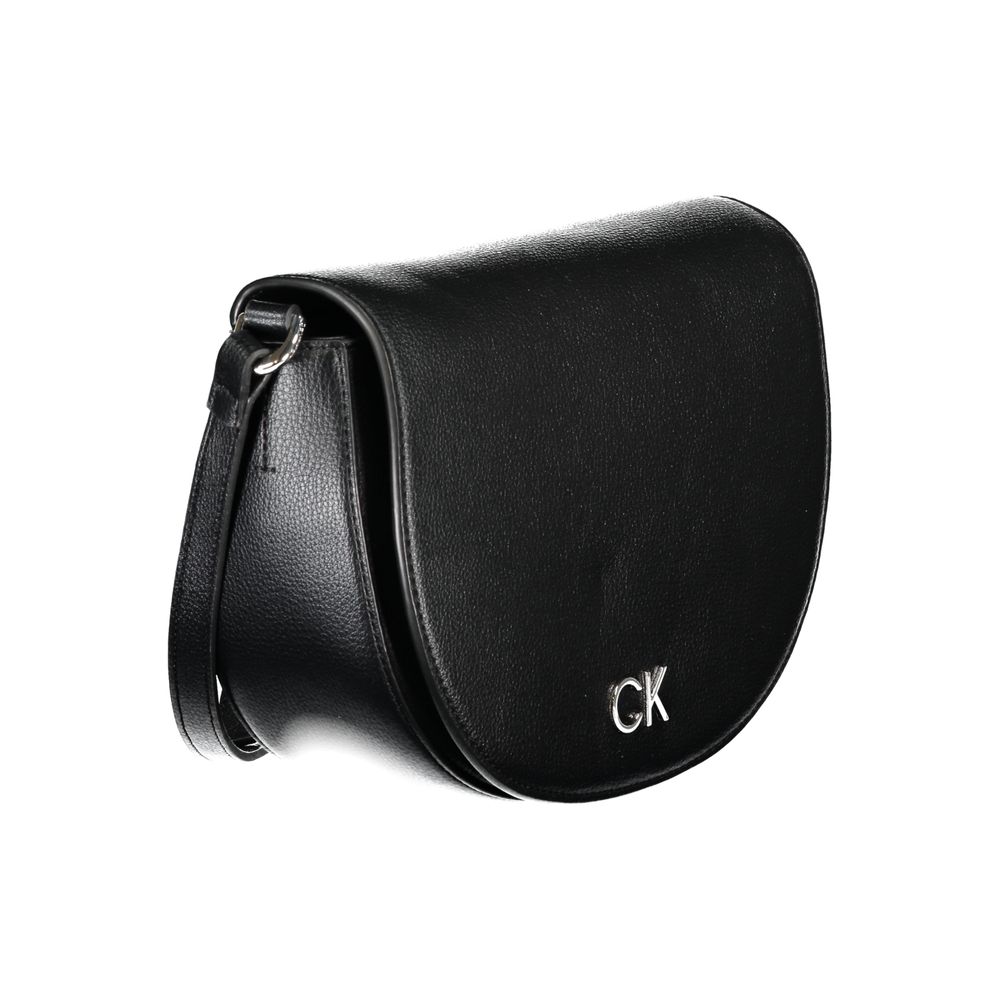 Calvin Klein Black Polyethylene Handbag with adjustable strap, internal card pocket, magnet closure, and logo displayed.