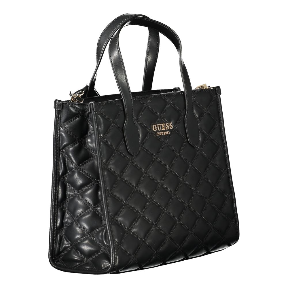 Guess Jeans Black Polyethylene Handbag with adjustable strap, diamond pattern, logo, and protective feet.