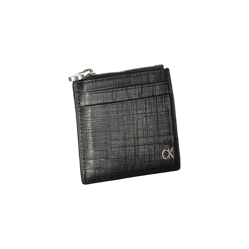Calvin Klein Black Leather Wallet with card holder, central pocket, zip closure, and logo detailing.