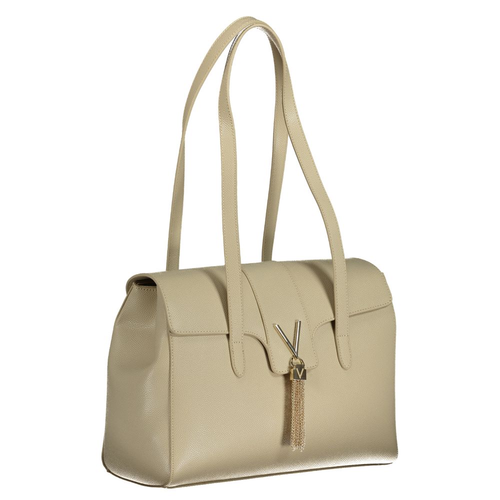 Mario Valentino Beige Polyethylene Handbag with shoulder handles, compartments, pockets, and logo.