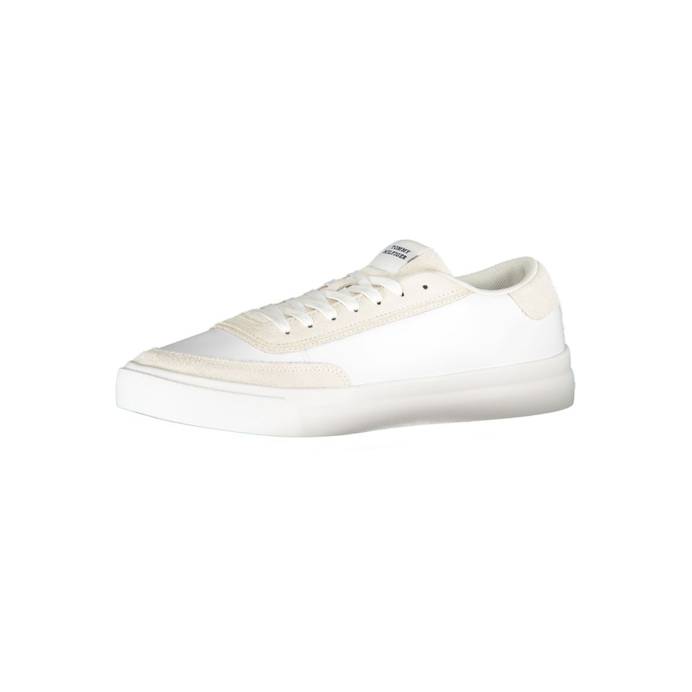 Tommy Hilfiger White Polyester Sneaker with laces, contrast details, and logo, perfect for sports footwear enthusiasts.