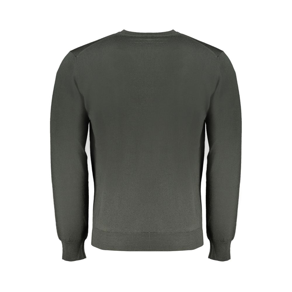 Harmont & Blaine Green Wool Sweater, long-sleeved crew neck jersey with embroidery logo, back view.