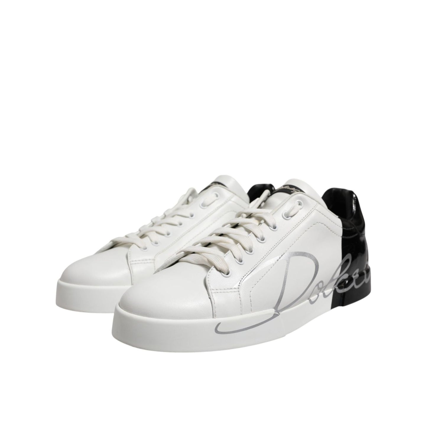 Dolce & Gabbana White Black Logo Low Top Leather Sneakers Shoes