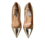 Sergio Rossi Gold Leather Pointed Toe Block Heels Shoes