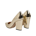 Sergio Rossi Gold Leather Pointed Toe Block Heels Shoes