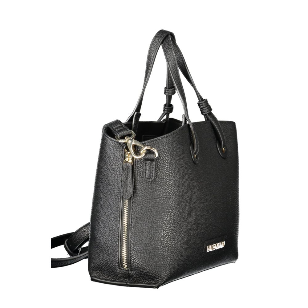 Mario Valentino Black Polyethylene Women Handbag with two handles and shoulder strap, featuring an expandable design and dual compartments.