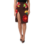Dolce & Gabbana Brown Floral High Waist Side Slit Skirt