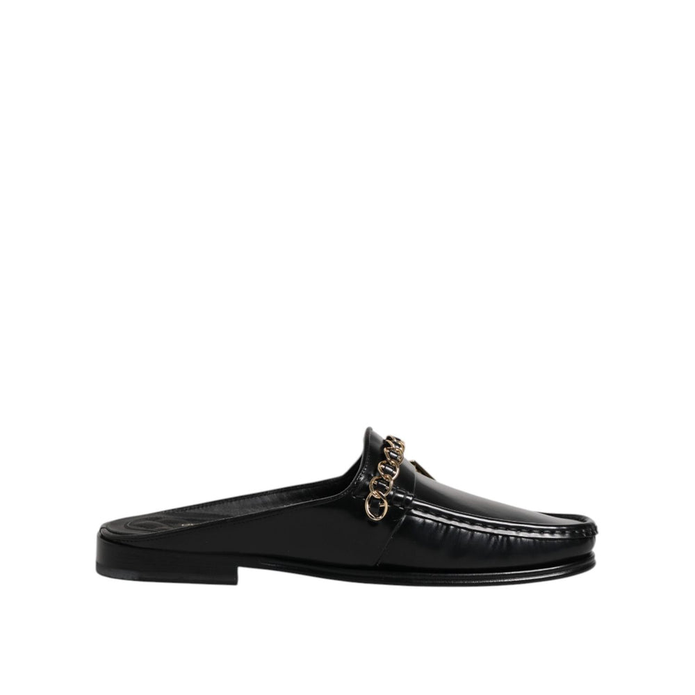 Dolce & Gabbana Black Leather DG Chain Embellished Sandals Shoes