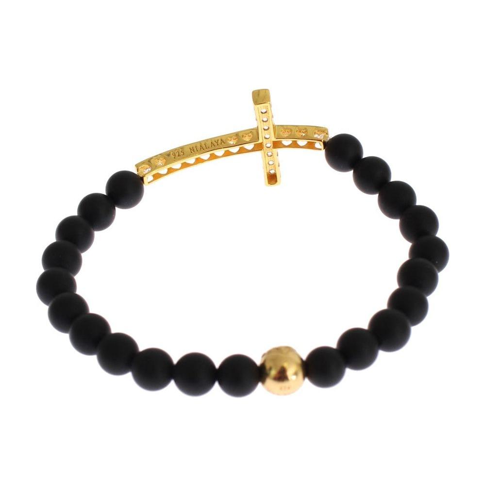 Nialaya Matte Onyx Stone Gold CZ Cross 925 Silver Bracelet Bracelet