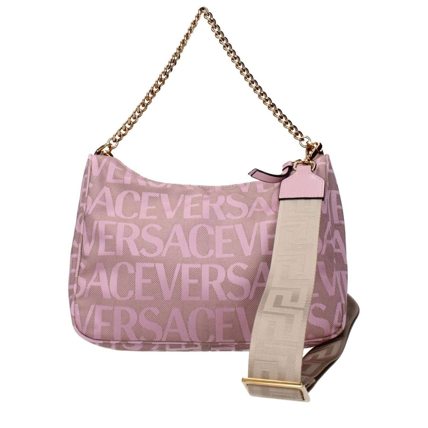 Versace Beige Fabric Handbag with logo and adjustable, removable shoulder strap.