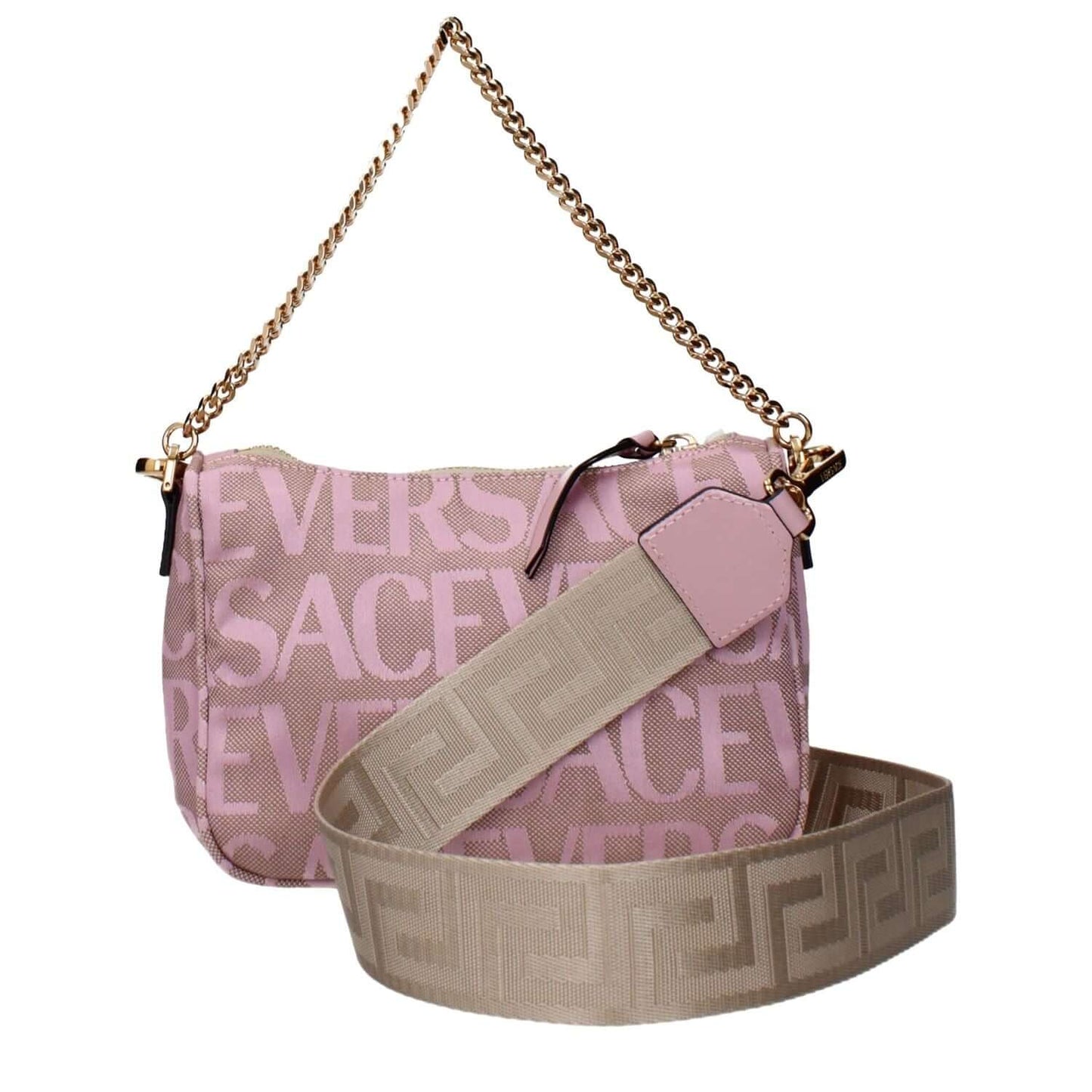 Alt Tag: Versace Pink Fabric Handbag with logo and removable shoulder strap