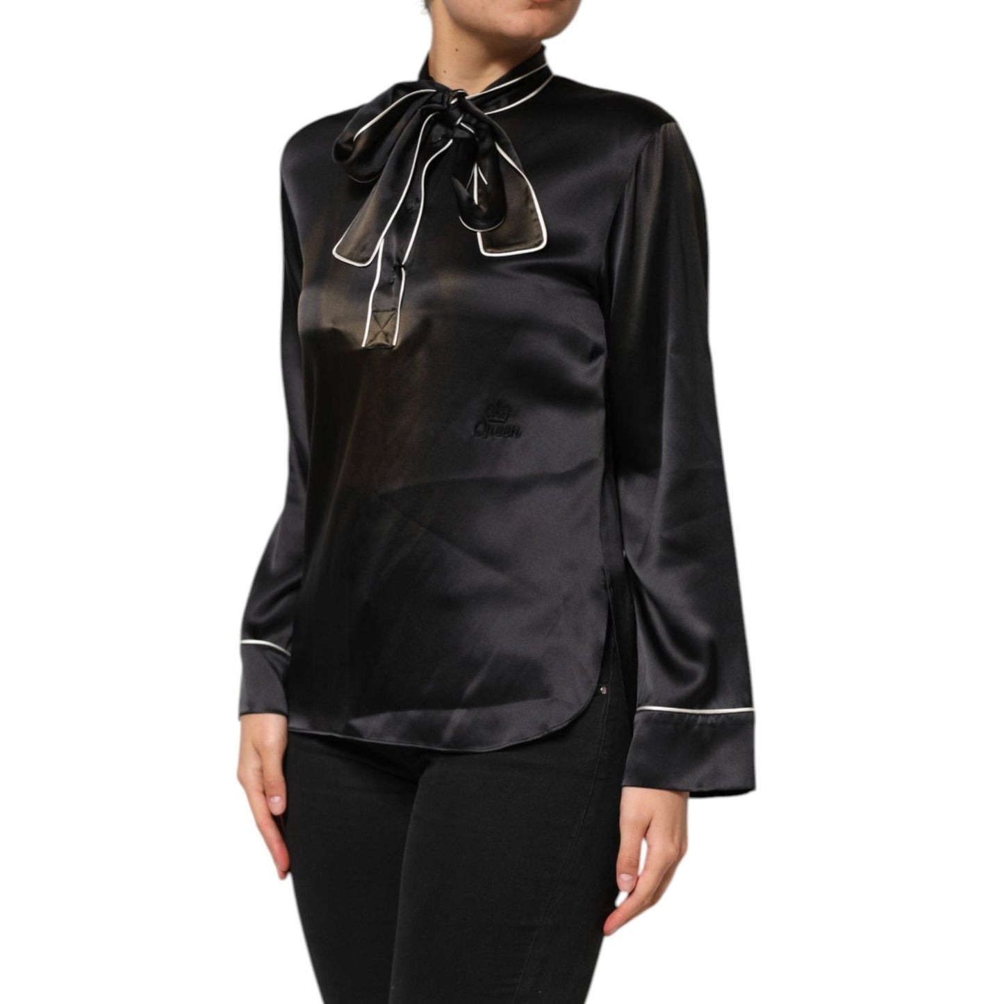 Dolce & Gabbana Black Silk Ascot Collared Button Blouse Top TSH90644-38