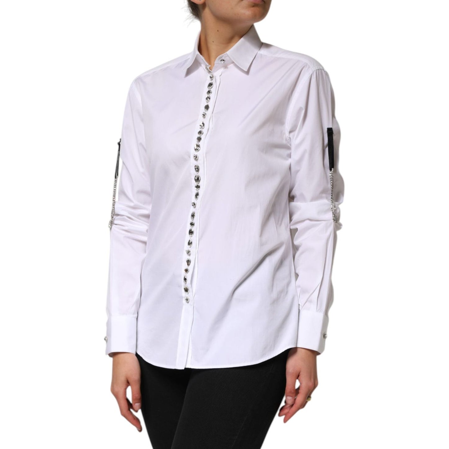 Dolce & Gabbana White Crystal Embellished Collared Shirt Top TSH90652-38