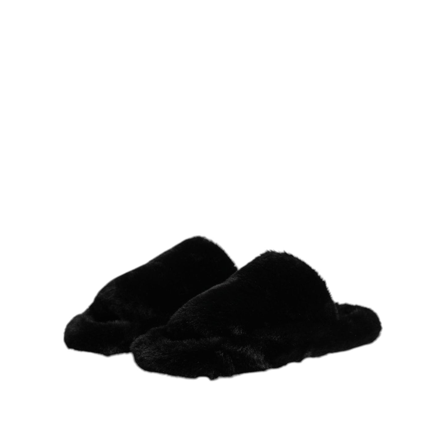 Dolce & Gabbana Black Faux Fur Flats Men Sandals Shoes