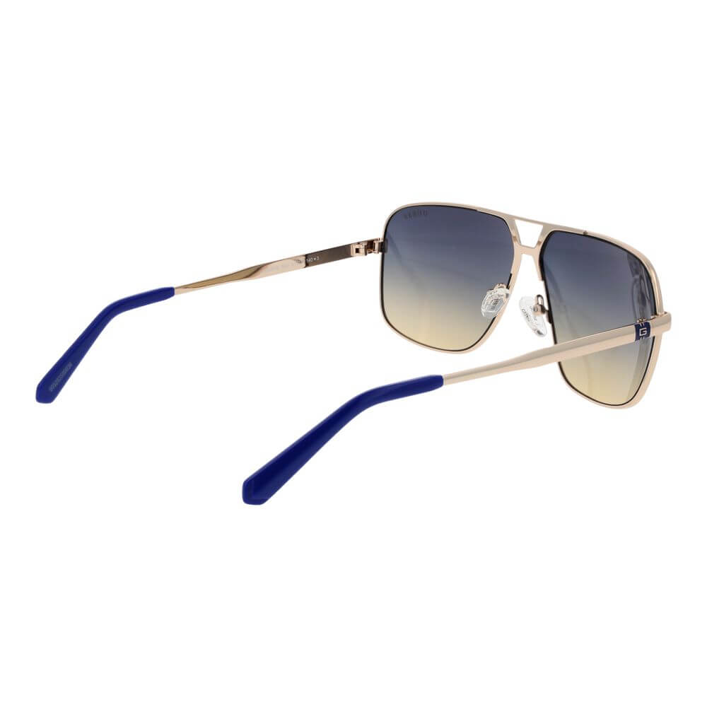 Guess Silver Metal Sunglasses with silver metal frame, full-rim style, blue gradient lenses, aviator shape, including branded case.