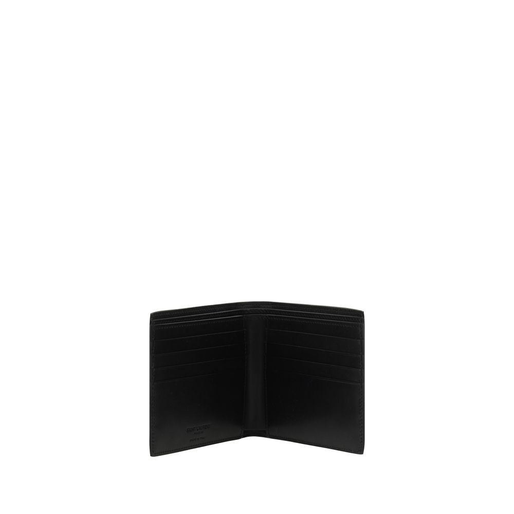 Saint Laurent Black Calf Leather Bos Taurus Wallet with card slots and bill compartment, iconic monogram on front, 11x11cm, AW25 collection.