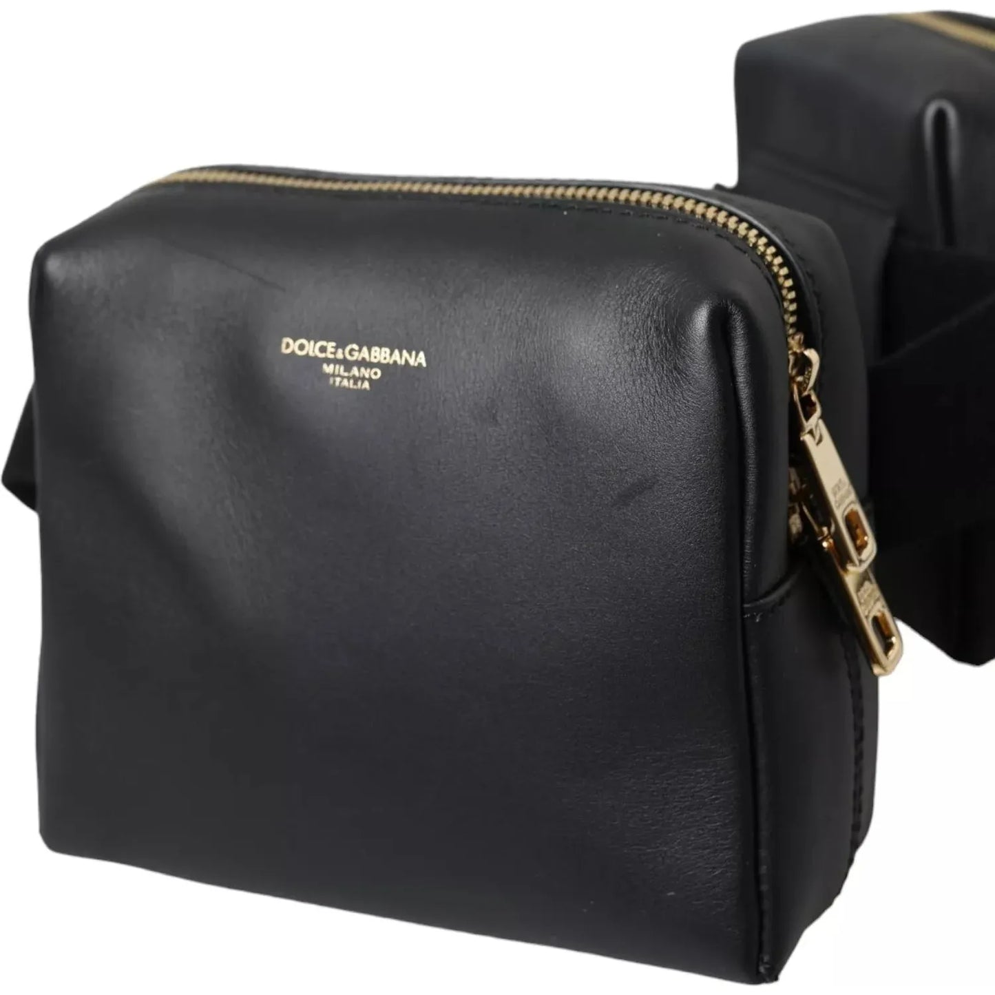 Dolce & Gabbana Black Calfskin Leather Double Waist Belt Fanny Pack Bag
