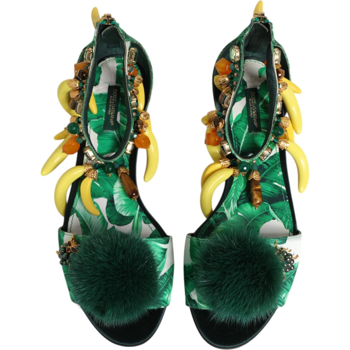 Dolce & Gabbana Green Mink Fur Satin Banana Leaf Sandals Shoes LA12817-35.5