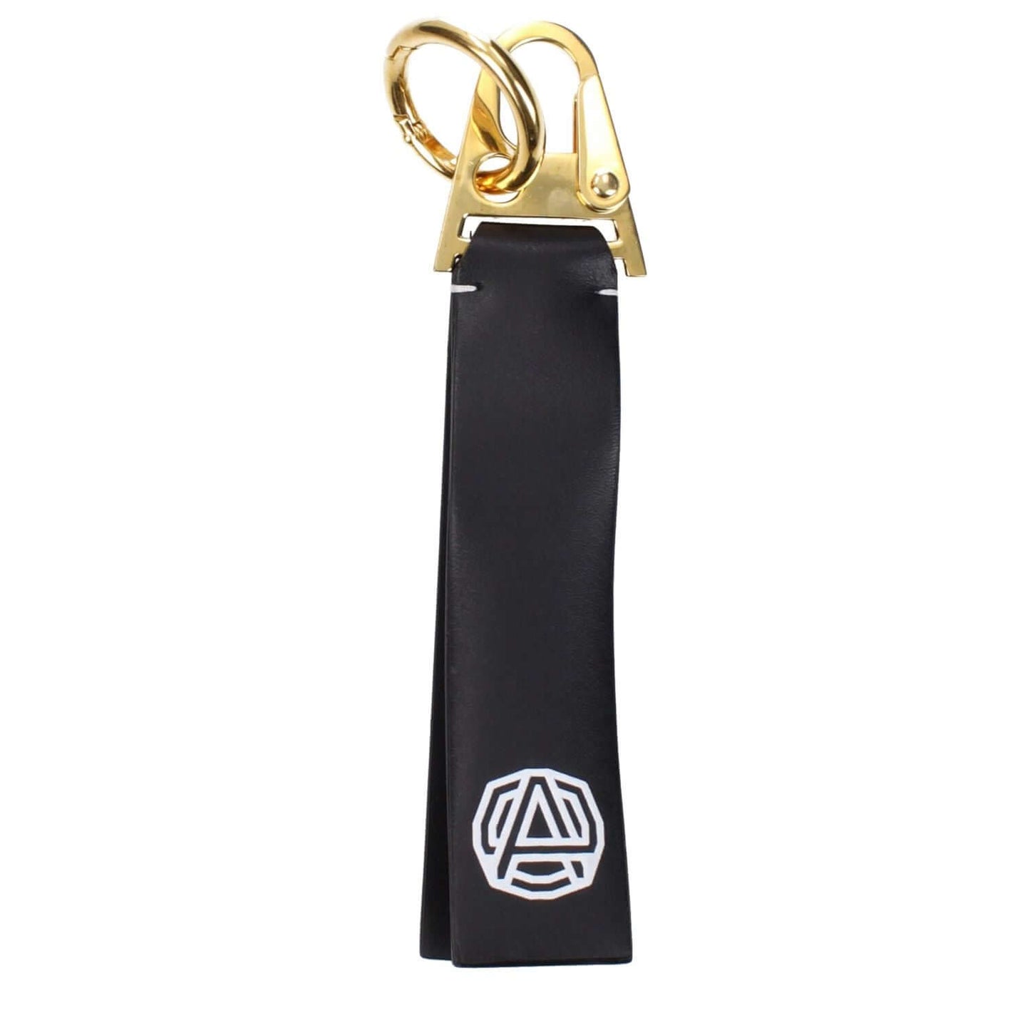 Ambush Black Leather Keychain with gold hardware, featuring a vintage effect and logo design, product code F83877.