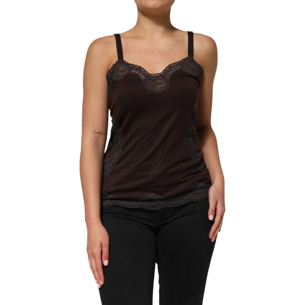 Dolce & Gabbana Dark Brown Lace Trim Wool Sleeveless Tank Top TSH90622-3