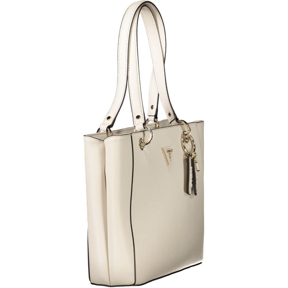 Guess Jeans Beige Polyethylene Handbag with shoulder handles, external pocket, and logo detail, featuring contrasting accents and zip closure.