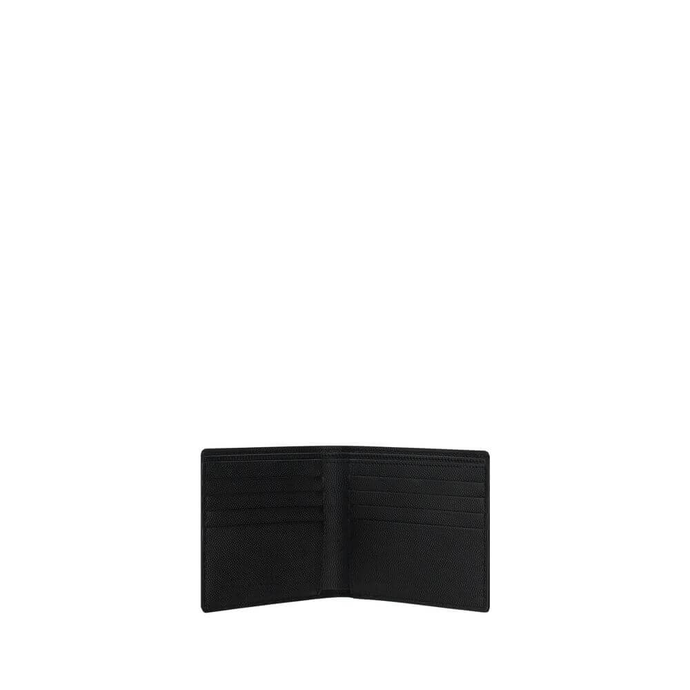 Saint Laurent Black Calf Leather Bos Taurus Wallet with grained leather, card slots, bill compartment, and brand signature visible.