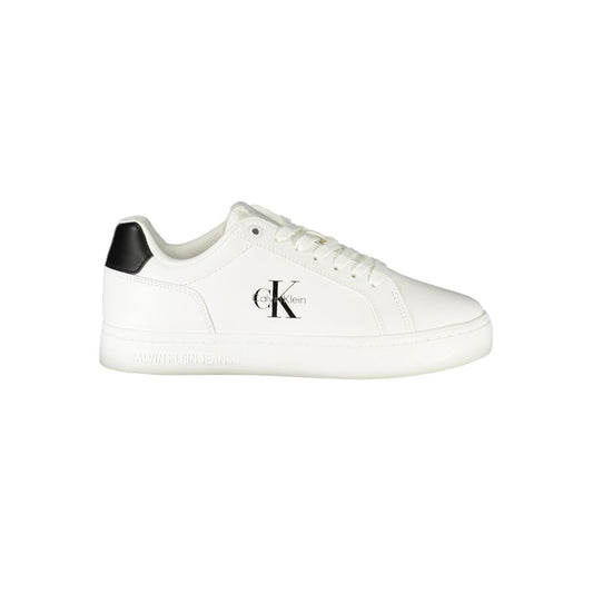 Calvin Klein White Leather Women Sneaker with black accents and logo, showcasing luxury fashion and comfort in sports footwear for confident women.
