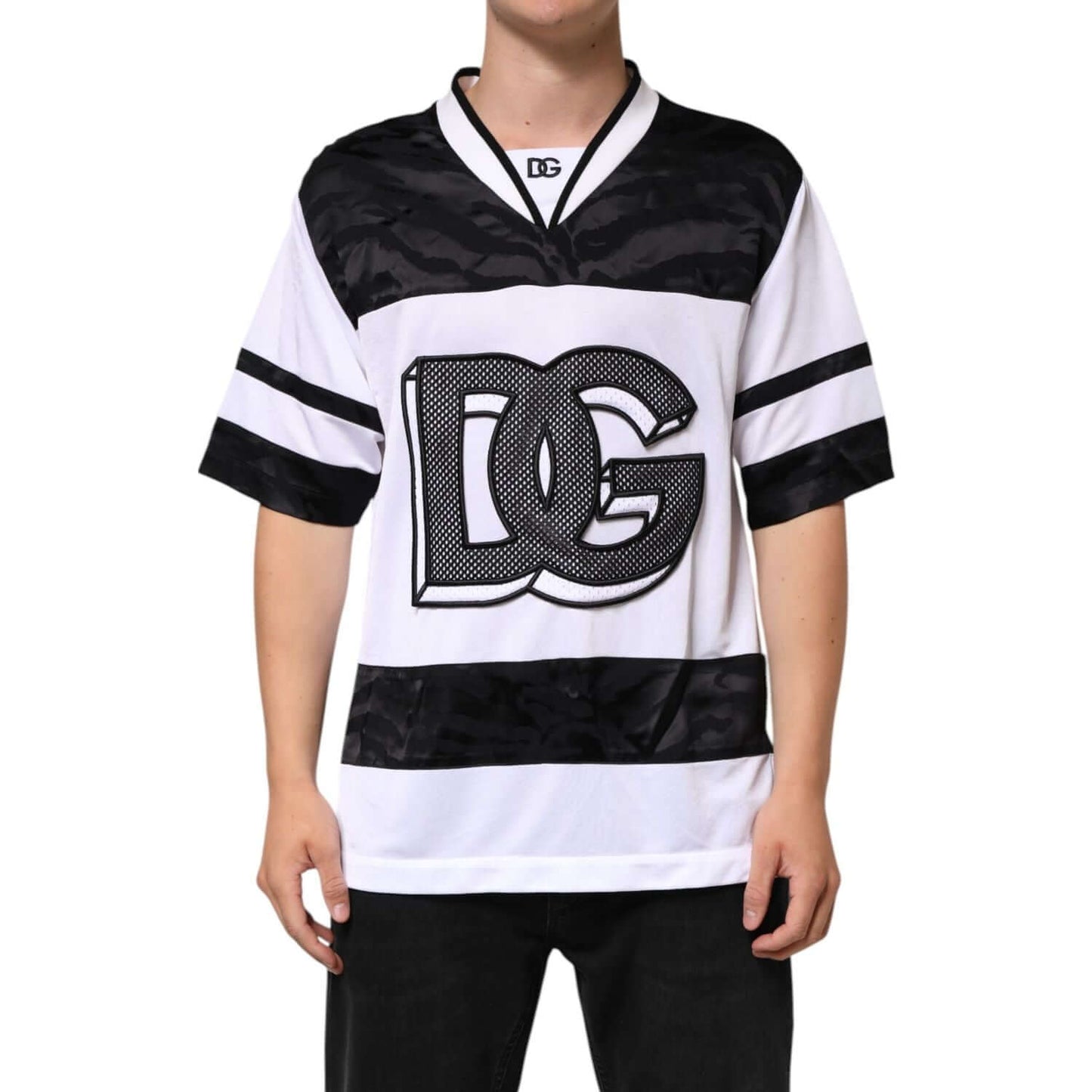 Dolce & Gabbana White Black Polyester DG Logo Mesh Jersey T-shirt