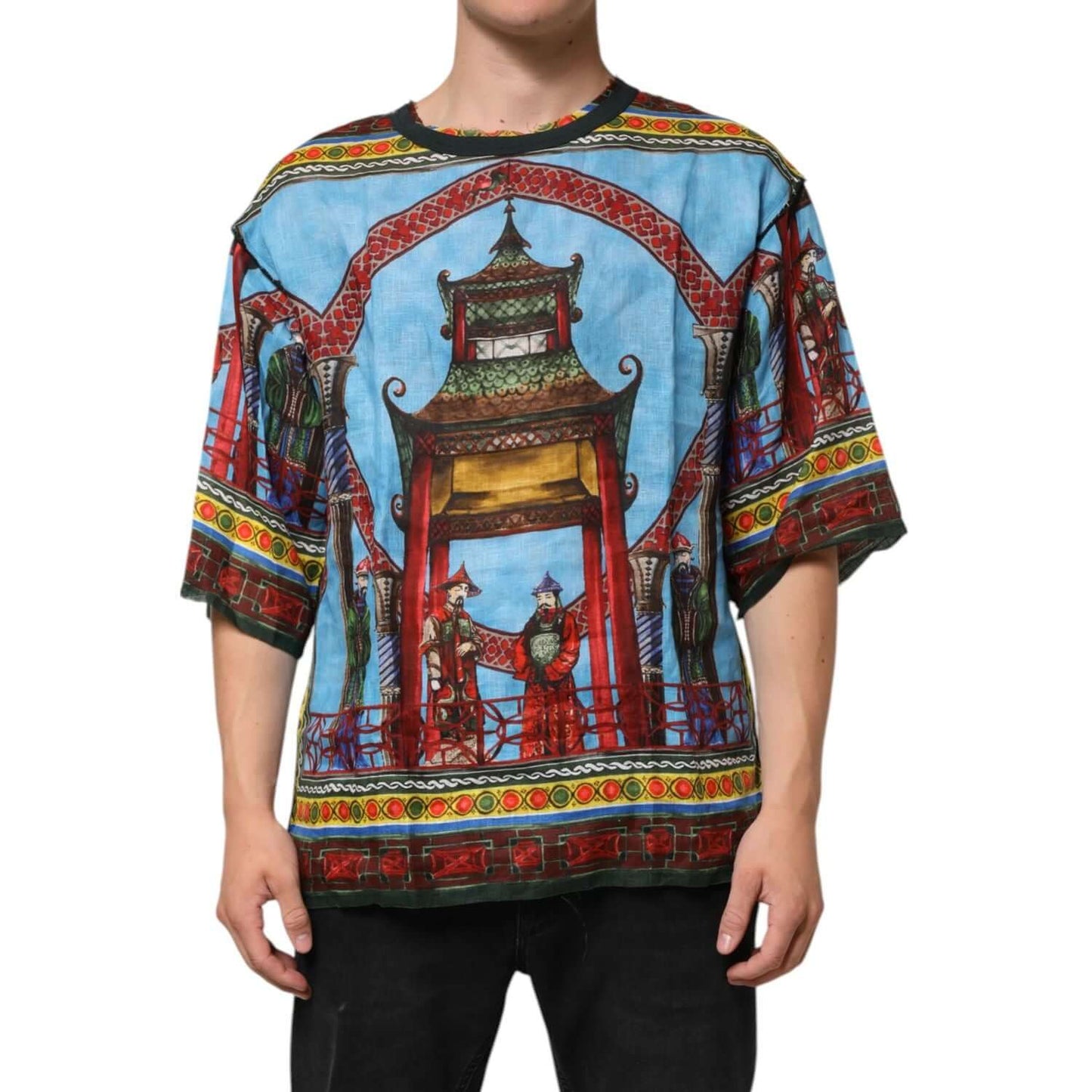 Dolce & Gabbana Multicolor Cotton Linen Temple Print T-shirt