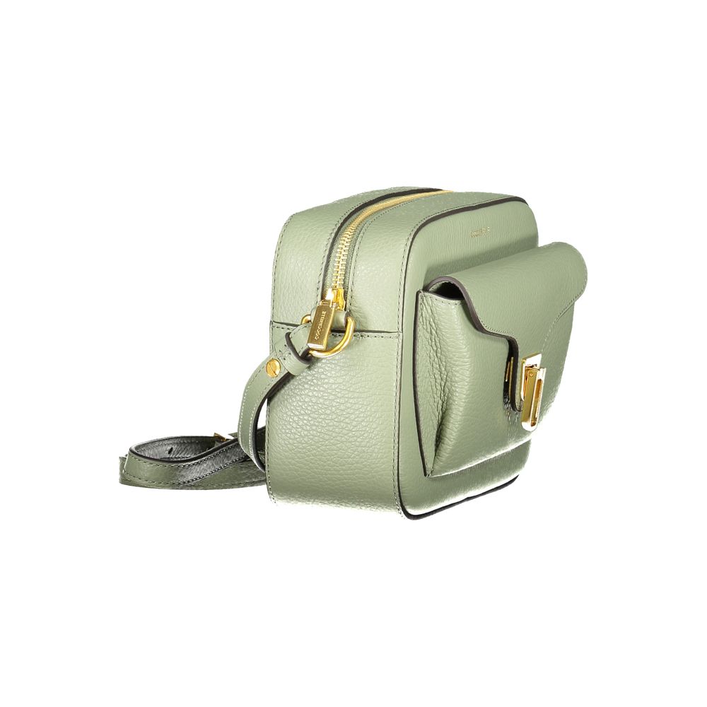 Coccinelle Green Leather Women Handbag with adjustable strap and gold accents, showcasing elegant craftsmanship and stylish design.