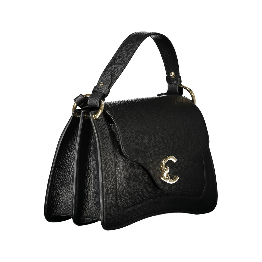 Coccinelle Black Leather Handbag with adjustable strap and logo, two compartments, two pockets, automatic closure